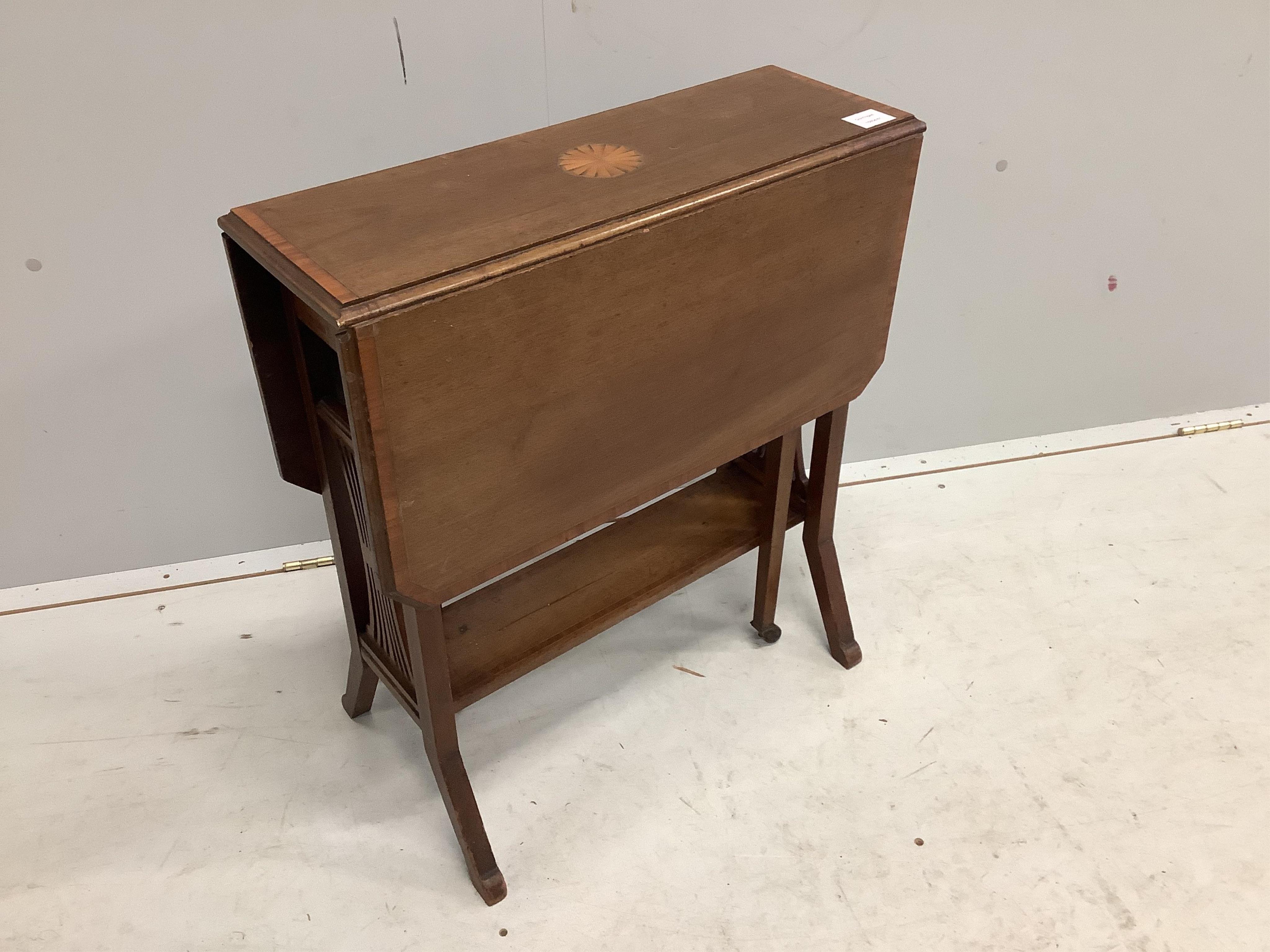 An Edwardian inlaid mahogany Sutherland table, width 60cm, depth 21cm, height 65cm. Condition - fair